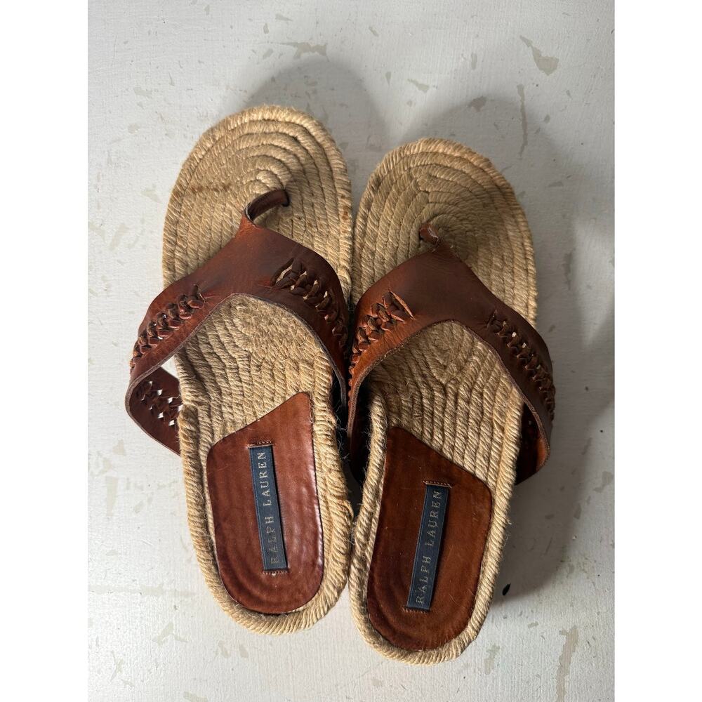 Ralph Lauren Brown Leather Jute Espadrille Thong Sandals Italy Blue Label 8.5 B - Picture 4 of 8